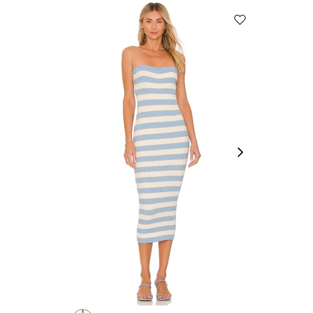 NEW More To Come Lesley Ribbed Strapless Midi Dress Large Blue Stripe